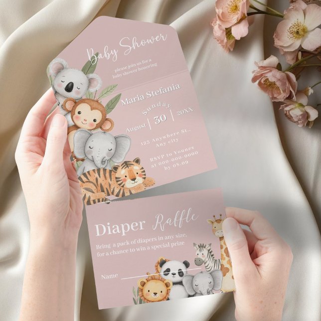Invitation Tout En Un Baby shower Safari Jungle Tropicale Rose Animaux (Créateur téléchargé)