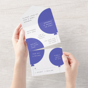 Invitation Tout En Un Baby shower   Scandi Blue Balloon Minimaliste RSVP