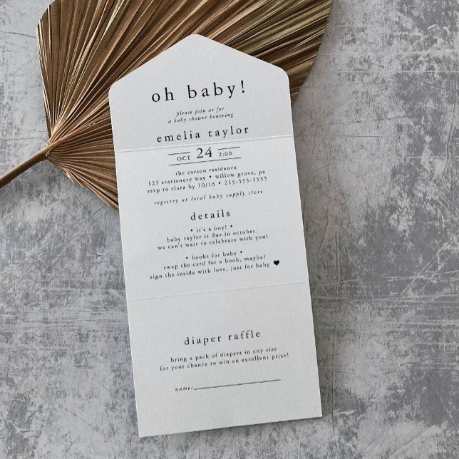 Invitation Tout En Un BABY SHOWER simple de broyeur à broyeur EMELIA Min (EMELIA Minimal Simple Diaper Raffle Baby Shower All In One Invitation)