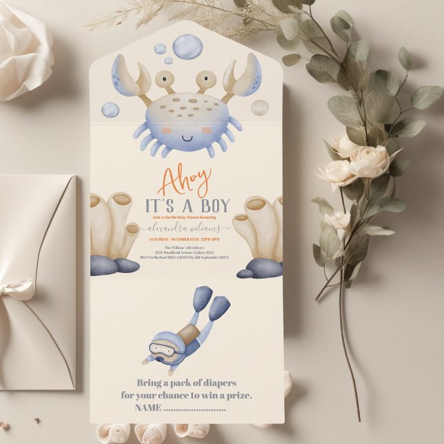 Invitation Tout En Un Baby shower sous-marin d'aquarelle enchanteur (Créateur téléchargé)