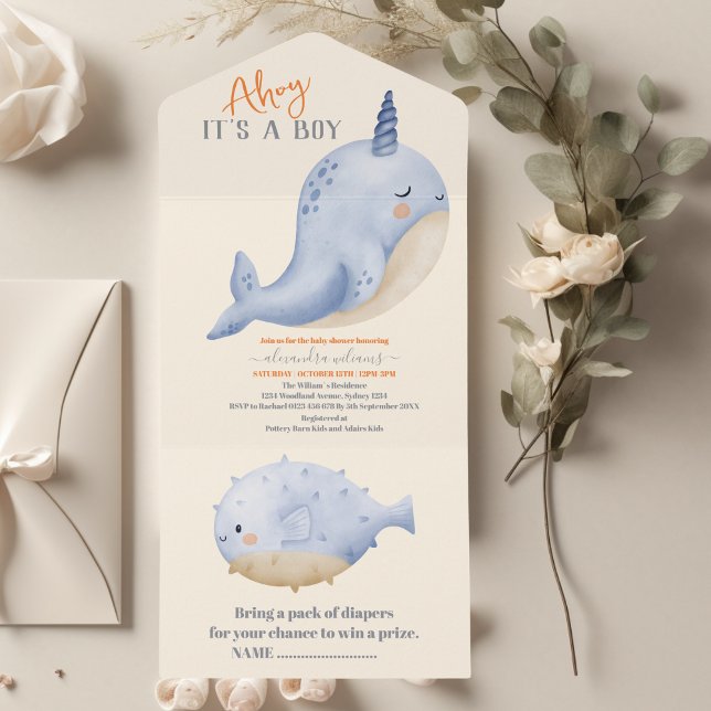 Invitation Tout En Un Baby shower sous-marin d'aquarelle enchanteur (Créateur téléchargé)
