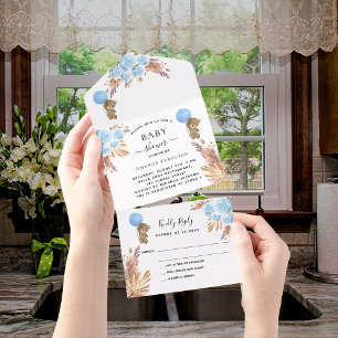 Invitation Tout En Un Baby shower teddy pampas bleu garçon floral RSVP