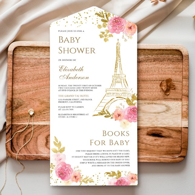 Invitation Tout En Un Baby shower Tour Eiffel rose floral (Créateur téléchargé)