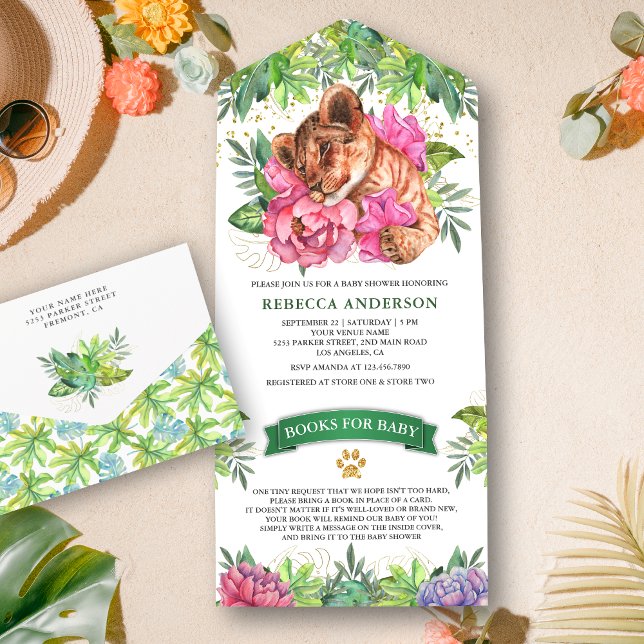 Invitation Tout En Un Baby shower Tropical Safari Cute Floral Lion Cub (Créateur téléchargé)