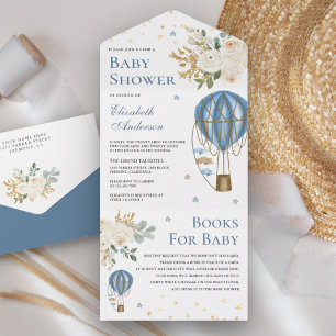 Invitation Tout En Un Baby Shower Vintage Ballon à Air Chaud Bleu