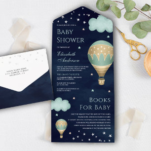 Invitation Tout En Un Baby shower vintage Green Hot Air Balloon Navy