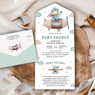 Invitation Tout En Un Baby Shower Vintage Rétro Avion Pilote Mignon