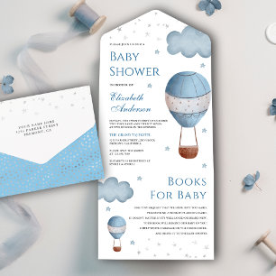 Invitation Tout En Un Baby Shower Vintage Rétro Montgolfière Bleue