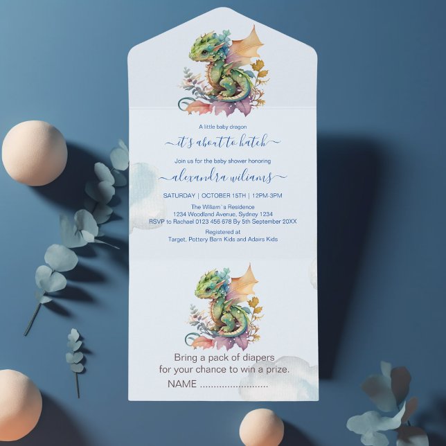 Invitation Tout En Un Baby shower Whimsical Blue Turquoise Dragon (Créateur téléchargé)