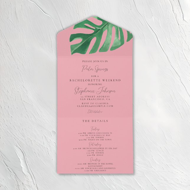 Invitation Tout En Un Bachelorette vert et rose Tropical Monstera (Créateur téléchargé)