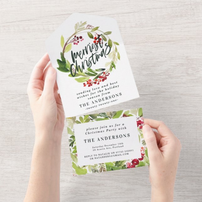 Invitation Tout En Un Baies d'aquarelle et verdure Wreath Holiday Tout (Déchirure)