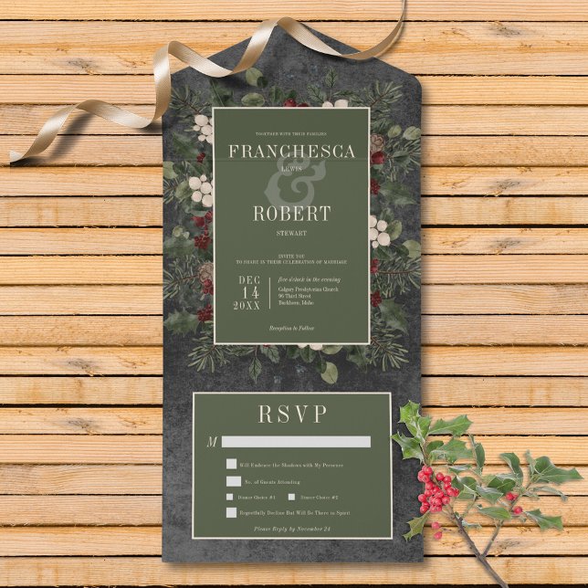 Invitation Tout En Un Baies d'hiver rustiques et dîner noir de pin (Also available with a QR code or without dinner selection options.)