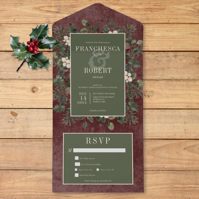Invitation Tout En Un Baies d'hiver rustiques & Pine Bourgogne Deux dîne (Rustic Winter Berries & Pine Burgundy Two Dinner All In One Invitation)