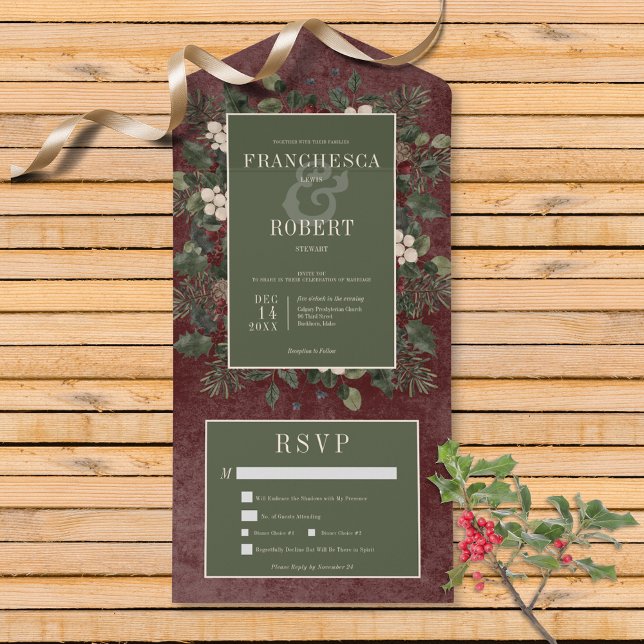 Invitation Tout En Un Baies d'hiver rustiques & Pine Burgundy Dîner (Also available with a QR code or without dinner selection options.)