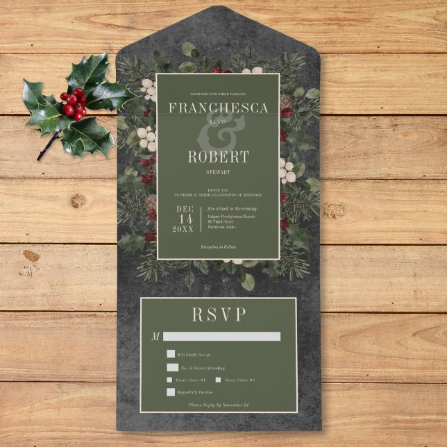 Invitation Tout En Un Baies d'hiver rustiques & Pine Noir Deux Dîners (Rustic Winter Berries & Pine Black Two Dinner All In One Invitation)
