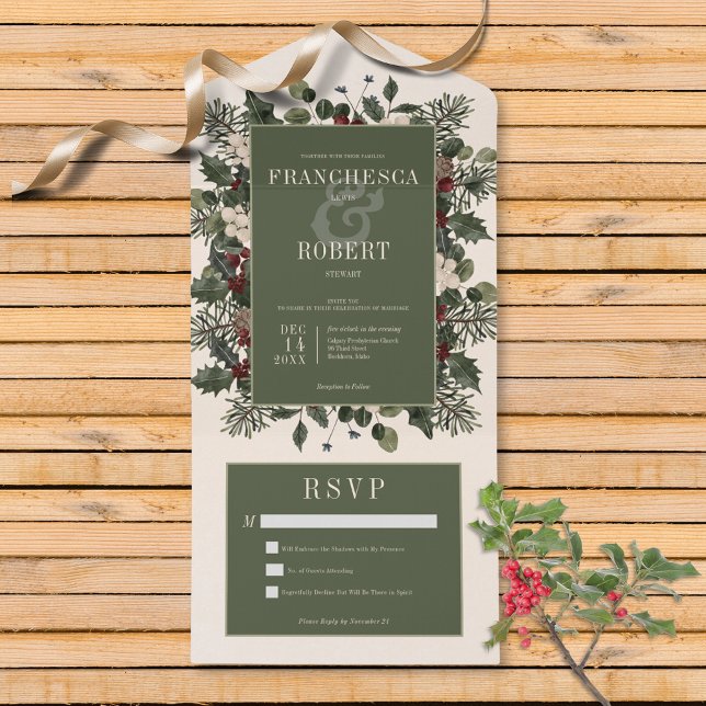 Invitation Tout En Un Baies Rustiques d'Hiver et Crème de Pin sans Dîner (Also available with a QR code or with dinner selection options.)