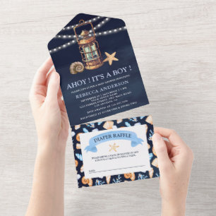 Invitation Tout En Un Bain de bébé Lanterne Marine Vintage Bleu Marine