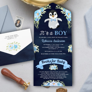 Invitation Tout En Un Bain de bébé manchot à l'aquarelle florale bleue s