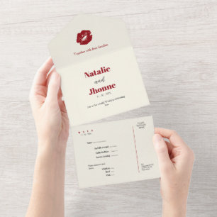 Invitation Tout En Un baisers rouges message style RSVP Mariage Tout-en-