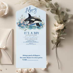 Invitation Tout En Un Baleine aquatique sous le Baby shower marin