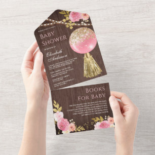 Invitation Tout En Un Ballon floral en bois avec paillettes or rose Baby