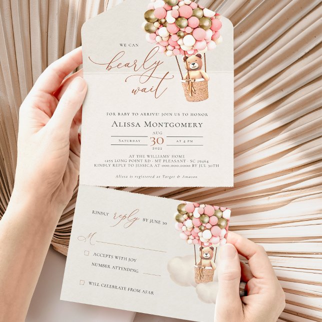 Invitation Tout En Un Ballons d'ours rose or Baby shower fille (Créateur téléchargé)