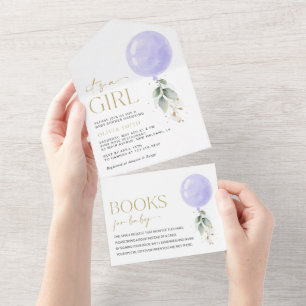 Invitation Tout En Un Balloon pourpre, Eucalyptus, Verdure, Baby shower
