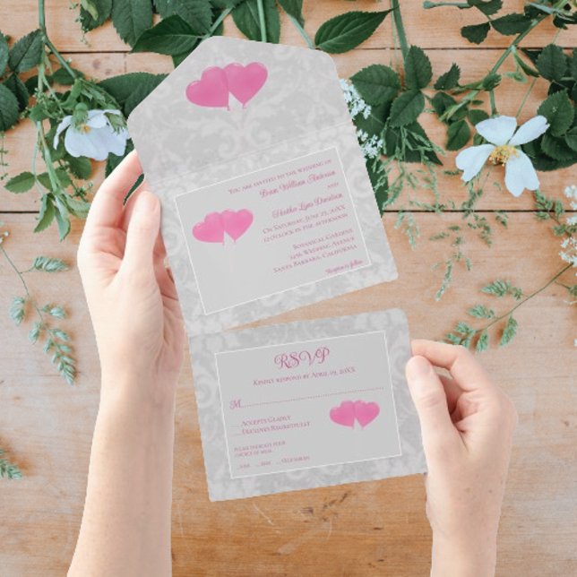 Invitation Tout En Un Balloons de Coeur Rose Mariage Tous en une invitat (Pink Heart Balloons Wedding All in One Invitation)