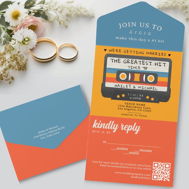 Invitation Tout En Un Bande de cassette rétro le plus grand Mariage de s (Blue and Orange Retro Cassette Tape Greatest Hit Wedding All In One Invitation)