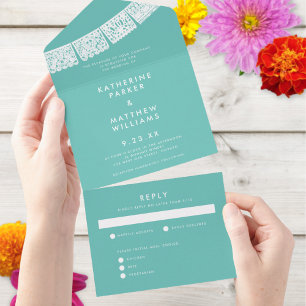 Invitation Tout En Un Bannière de mariage en papier découpé aqua