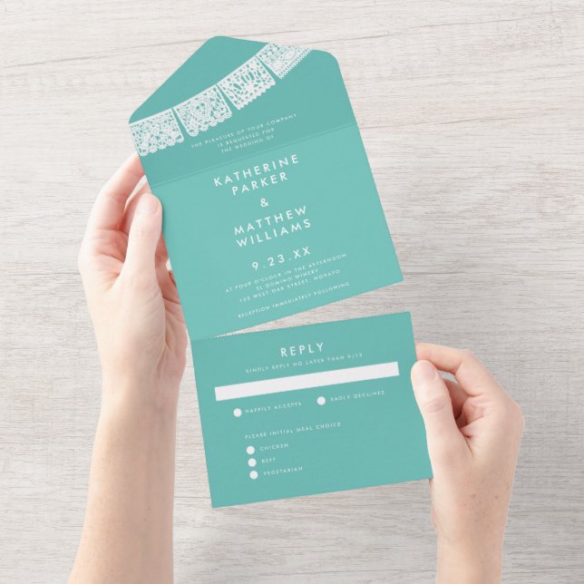 Invitation Tout En Un Bannière de mariage en papier découpé aqua (Déchirure)