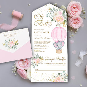 Invitation Tout En Un Baptême de bébé éléphant montgolfière florale rose