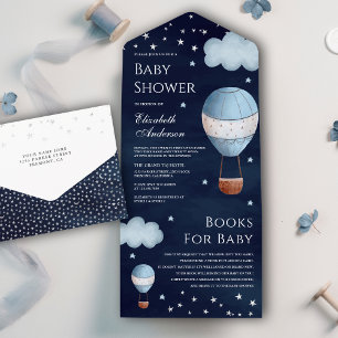 Invitation Tout En Un Baptême Thème Montgolfière Vintage Bleu Marine