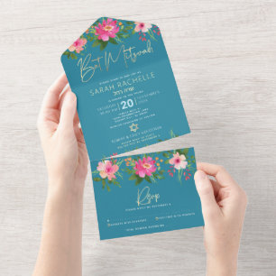 Invitation Tout En Un Bar Mitzvah Bleue Or Script Floral Aquarelle