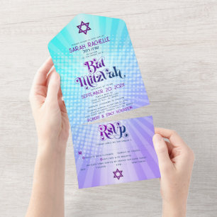 Invitation Tout En Un Bar Mitzvah Boho Rétro Dégradé Bleu Violet Gras