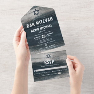 Invitation Tout En Un Bar Mitzvah Charcoal Grey Silver Foil Modern Bold