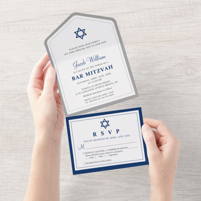 Invitation Tout En Un Bar Mitzvah élégant gris et bleu marine tout en un (Déchirure)