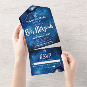 Invitation Tout En Un Bar Mitzvah Galaxie Bleu Aquarelle Agate Script