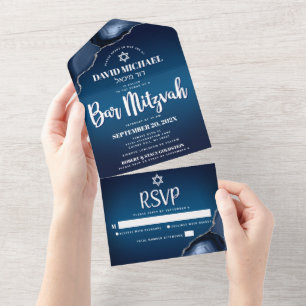 Invitation Tout En Un Bar Mitzvah Modern Navy Blue Ombre Agate Script