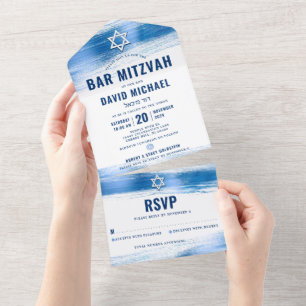 Invitation Tout En Un Bar Mitzvah Moderne Gras Typographie Bleu Marine F