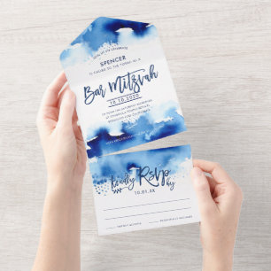 Invitation Tout En Un BAR MITZVAH moderne lettrage à la main aquarelle b