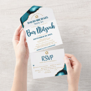 Invitation Tout En Un Bar Mitzvah Moderne Turquoise Agate Écriture Fête