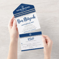 Bar Mitzvah Navy Bleu Tallit Argent Écriture Moder