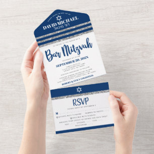 Invitation Tout En Un Bar Mitzvah Navy Blue Silver Tallit Moderne Script