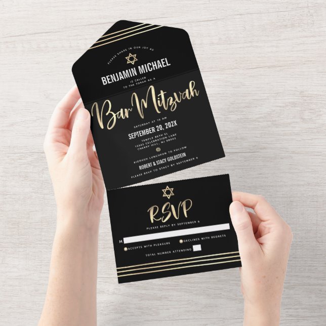 Invitation Tout En Un Bar Mitzvah Noir Or Feuille Script Tallit Moderne (Déchirure)