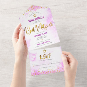 Invitation Tout En Un Bar Mitzvah rose aquarelle or script moderne