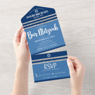 Invitation Tout En Un Bar Mitzvah Tallit Bleu Argent Moderne Écriture Gr