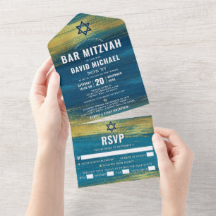 Invitation Tout En Un Bar Mitzvah Type Moderne Turquoise Feuille D'or Fê
