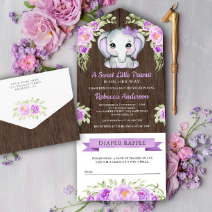 Invitation Tout En Un Barn en bois éléphant floral avec ruban violet pou