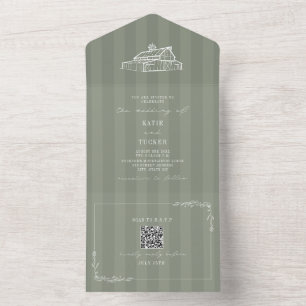 Invitation Tout En Un Barn Mariage Champêtre Ferme Rayure Vert Sauge QR